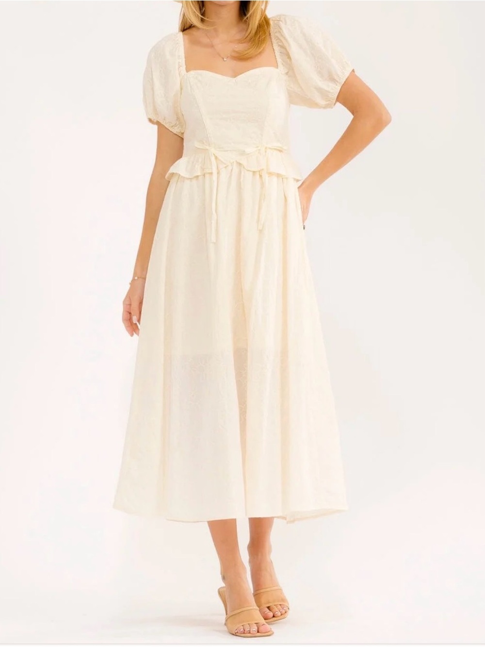 NWT Loveelo Cream Swiss Dot Puff Sleeve Peplum Midi Dress
